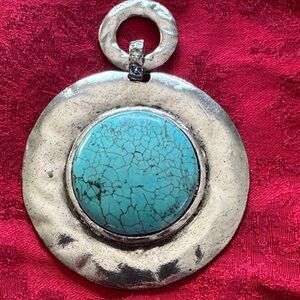 Large Native American Turquoise Statement Pendant - Artisan Silver Tone